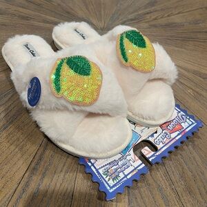 Moon Cake Women’s Lemon Sequin Cream Soft Memory Foam Slippers Slide Sz L 9 - 10